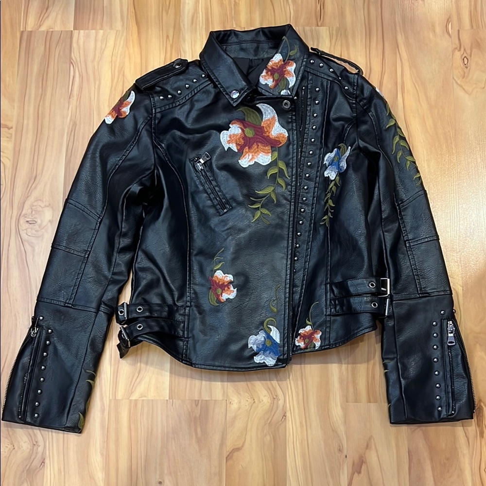 Faux Leather Moto Jacket with Embroidered Flowers